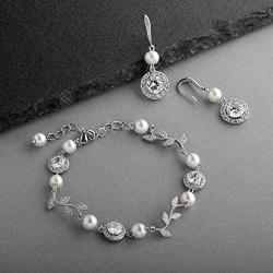 Mariell Silver Vine & Ivory Pearl CZ Bridal Bracelet & Earrings Set - Wedding Jewelry for Bridesmaids