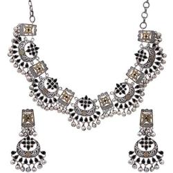 Aheli Ethnic Fashion Designer Dual Tone Silver Plated Red Stone Choker Style Necklace Earring Set for Women Girls
