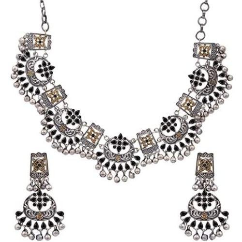 Aheli Ethnic Fashion Designer Dual Tone Silver Plated Red Stone Choker Style Necklace Earring Set for Women Girls