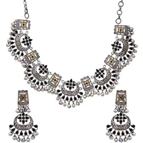 Aheli Ethnic Fashion Designer Dual Tone Silver Plated Red Stone Choker Style Necklace Earring Set for Women Girls Aheli Ethnic Fashion Designer Dual Tone Silver Plated Red Stone Choker Style Necklace Earring Set for Women Girls