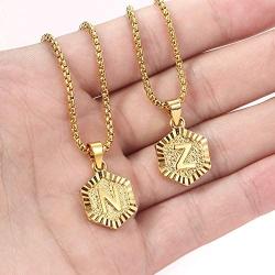 Hermah Gold Plated Charm Pendant Box Link Necklace Initital Capital Letter A-Z Mens Womens Pendant Hexagon Charm 22inch