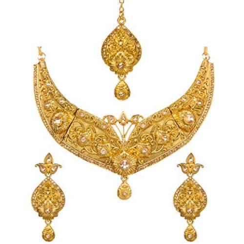 Bindhani Indian Jewelry Wedding Party Wear Bridal Bridemaids Crafted Golden Kundan Choker Necklace Earrings Tikka Set Designer Bollywood Style Jewellery Tika Set For Women