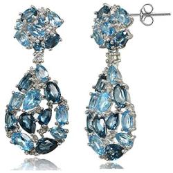 Sterling Silver London Blue, Swiss Blue and White Topaz Cluster Tonal Teardrop Dangle Earrings