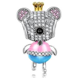 NINAQUEEN Valentines Day Gifts for Mom Princess Bear 925 Sterling Silver AAA CZ Pink Enamel Animal Bead Charms, Ideal Gifts for Granddaughter