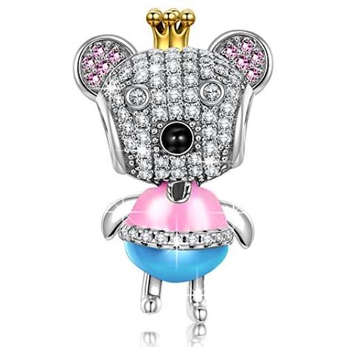 NINAQUEEN Valentines Day Gifts for Mom Princess Bear 925 Sterling Silver AAA CZ Pink Enamel Animal Bead Charms, Ideal Gifts for Granddaughter
