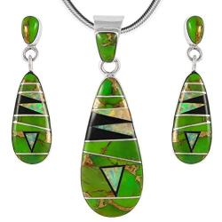 Matching Turquoise & Gemstones Set 925 Sterling Silver (Pendant, Earrings, Necklace 20'')