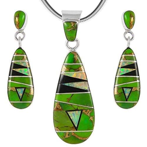Matching Turquoise & Gemstones Set 925 Sterling Silver (Pendant, Earrings, Necklace 20'')