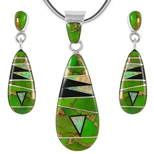 Matching Turquoise & Gemstones Set 925 Sterling Silver (Pendant, Earrings, Necklace 20'') Matching Turquoise & Gemstones Set 925 Sterling Silver (Pendant, Earrings, Necklace 20'')