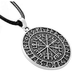 HAQUIL Viking Jewelry Viking Compass Vegvisir Pendant Necklace with Leather Cord for Men and Women