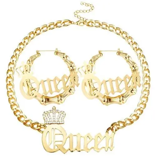 sailimue Queen Pendant Curb Chain Necklace with Oversize Statement Bamboo Hoop Earring Set for Women Gold Plated Color Punk Style Hip Hop Rapper sailimue Queen Pendant Curb Chain Necklace with Oversize Statement Bamboo Hoop Earring Set for Women Gold Plated Color Punk Style Hip Hop Rapper