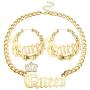 sailimue Queen Pendant Curb Chain Necklace with Oversize Statement Bamboo Hoop Earring Set for Women Gold Plated Color Punk Style Hip Hop Rapper