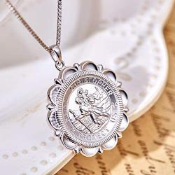 YL St Christopher Necklace Solid 925 Sterling Sliver Personalized Engraved Round Medallion Antiqued Religious Protector Talisman Pendant, Medal/Laced/Locket