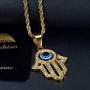 Lee Island Fashion 24K Gold Plated Simmulated Diamond CZ Fully 3D Blue Evil Eye Beads Fatima Hamsa Hand Egyptian Protection Pendant Stainless Steel Necklace, 24 Inch Chain Jewelry