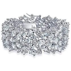Bling Jewelry Bridal Wide Cubic Zirconia AAA CZ Fashion Statement Cluster Bracelet for Women for Prom Pageant Silver Plated Brass