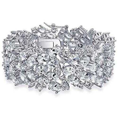 Bling Jewelry Bridal Wide Cubic Zirconia AAA CZ Fashion Statement Cluster Bracelet for Women for Prom Pageant Silver Plated Brass