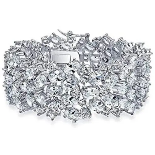 Bling Jewelry Bridal Wide Cubic Zirconia AAA CZ Fashion Statement Cluster Bracelet for Women for Prom Pageant Silver Plated Brass Bling Jewelry Bridal Wide Cubic Zirconia AAA CZ Fashion Statement Cluster Bracelet for Women for Prom Pageant Silver Plated Brass