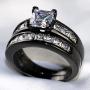 Couple Ring Bridal Sets His Hers Women Black Gold Plated Square CZ Men Stainless Steel Band Wedding Ring Band Set