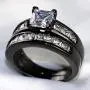 Couple Ring Bridal Sets His Hers Women Black Gold Plated Square CZ Men Stainless Steel Band Wedding Ring Band Set