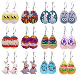 XGALBLA 12 Pairs Leather Earrings for Women Girls Party, Lightweight Teardrop Faux Leather Earrings, Easter Egg Print Drop Earrings Set Easter Day Gift