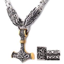 Gungneer Thors Hammer Pendant Mixed Gold Color Viking Mjolnir Necklace for Men with Skoll Wolf Head Square Chain, 316L Stainless Steel Bonus 2 Rune Beads