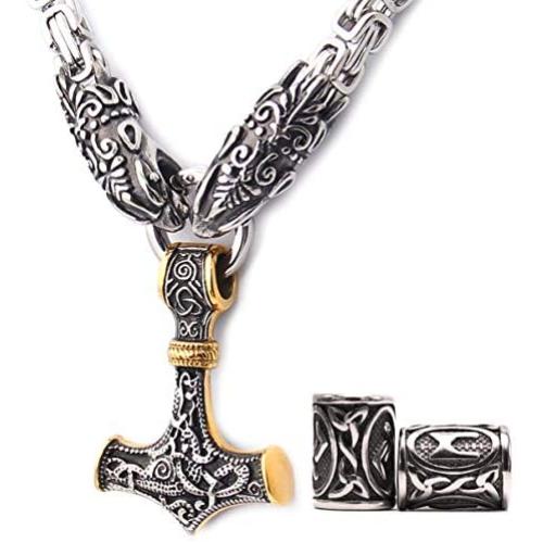 Gungneer Thors Hammer Pendant Mixed Gold Color Viking Mjolnir Necklace for Men with Skoll Wolf Head Square Chain, 316L Stainless Steel Bonus 2 Rune Beads