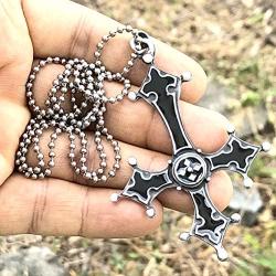 Gothic Jewelry Upside down inverted St Peter Cross Black Punk Rock Biker Heavy-Metal Fashion Satanic Protection Amulet Pewter Mens pendant necklace Charm for men women unisex w Silver Ball Chain