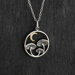 Sterling Silver Magical Mushroom Charm Necklace with Bronze Crescent Moon, 18'' Cable Chain
