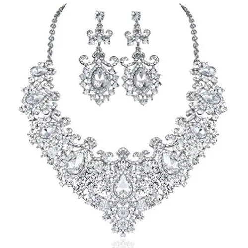 STUNNING CLEAR AUSTRIAN RHINESTONE CRYSTAL NECKLACE EARRINGS SET N12187 SILVER STUNNING CLEAR AUSTRIAN RHINESTONE CRYSTAL NECKLACE EARRINGS SET N12187 SILVER