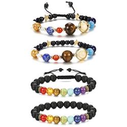 Finrezio 4 Pcs Bead Bracelets for Women Men Solar System & Chakra Stone Diffuser Bracelets Set Aromatherapy Yoga Bracelet 8MM Beaded