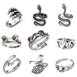 9 Pcs Vintage Frog Open Rings Set Knuckle Stacking Ring Snake Cat Animal Ring Boho Hug Finger Rings for Women Men Girls