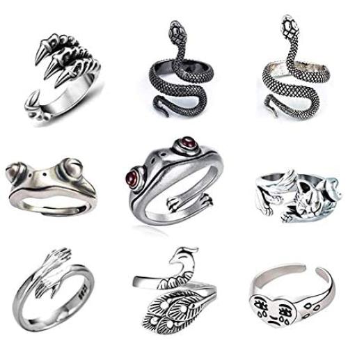 9 Pcs Vintage Frog Open Rings Set Knuckle Stacking Ring Snake Cat Animal Ring Boho Hug Finger Rings for Women Men Girls