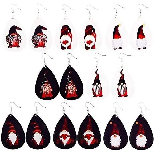 8 Pairs Christmas Santa Claus Plaid Earrings Set Plaid Gnome Teardrop Earrings Lightweight Faux Leather Xmas Dangle Earrings for Women Girls Jewelry(A)