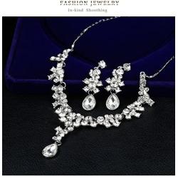 PQDAYSUN Bridal Rhinestone Crystal Chain Necklace Ring Jewelry Set bEarrings Jewelry Set Gifts fit with Wedding Dress for Wedding Party JEW002(White)