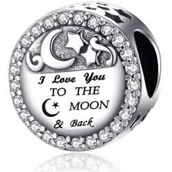 925 Sterling Silver Charm fit Charms Bracelet Necklace I Love You to the Moon and Back Charm Gifts for Her