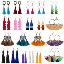 YRYM HT Tassel Earrings for Women - 20 Pairs Colorful Bohemian Long Layered Fringe Earrings Set Hoop Tiered Dangle Drop Tassle Earrings Pack Fashion Jewelry for Christmas Valentine Birthday Girls Gift