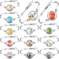 Hicarer 13 Pieces Easter Rabbit Bracelet Dome Glass Jewelry Easter Silver Rabbit Bracelet Bunny and Egg Themed Bracelets for Women Girls
