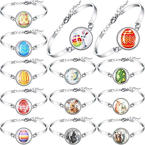 Hicarer 13 Pieces Easter Rabbit Bracelet Dome Glass Jewelry Easter Silver Rabbit Bracelet Bunny and Egg Themed Bracelets for Women Girls