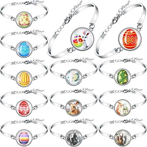 Hicarer 13 Pieces Easter Rabbit Bracelet Dome Glass Jewelry Easter Silver Rabbit Bracelet Bunny and Egg Themed Bracelets for Women Girls