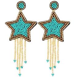 Star Beaded Tassel Dangle Earrings - Long Five Star Big Bead Chandelier Drop Earrings For Women, Large Statement Native Beaded Fringe 5 Star Earrings