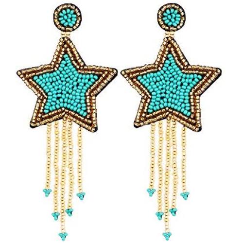 Star Beaded Tassel Dangle Earrings - Long Five Star Big Bead Chandelier Drop Earrings For Women, Large Statement Native Beaded Fringe 5 Star Earrings
