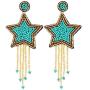 Star Beaded Tassel Dangle Earrings - Long Five Star Big Bead Chandelier Drop Earrings For Women, Large Statement Native Beaded Fringe 5 Star Earrings