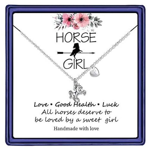 Horse Gifts for Girls, 14K White Gold Plated Heart Initial Horse Necklace Personalized Gifts Dainty Horse Jewelry Horse Necklaces for Girls Women Horse Lovers