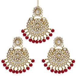 Aheli Exquisite Design Faux Kundan Beaded Earrings Maang Tikka Set Ethnic Indian Jewelry for Women
