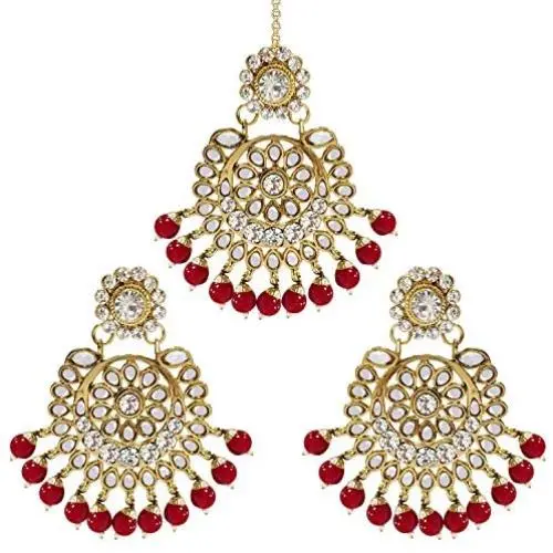 Aheli Exquisite Design Faux Kundan Beaded Earrings Maang Tikka Set Ethnic Indian Jewelry for Women Aheli Exquisite Design Faux Kundan Beaded Earrings Maang Tikka Set Ethnic Indian Jewelry for Women