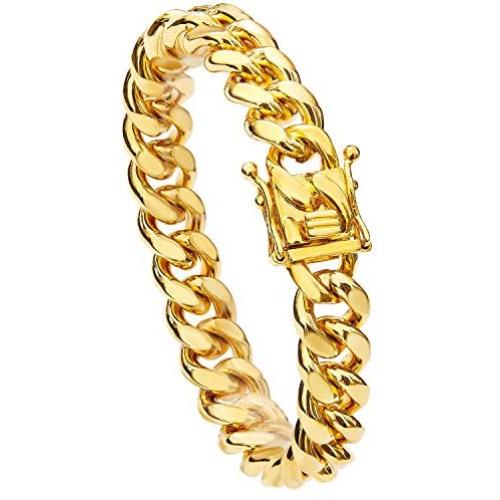 willtx Gold Cuban Link Chain Necklace or Bracelet for Men Boys Rapper Biker Hip Hop Jewelry Thick Curb Links with Design Box Clasp