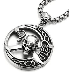 COOLSTEELANDBEYOND Stainless Steel Large Circle Pirate Skull Pendant Necklace for Men, 30 in Chain, Gothic Tribal