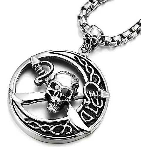 COOLSTEELANDBEYOND Stainless Steel Large Circle Pirate Skull Pendant Necklace for Men, 30 in Chain, Gothic Tribal COOLSTEELANDBEYOND Stainless Steel Large Circle Pirate Skull Pendant Necklace for Men, 30 in Chain, Gothic Tribal