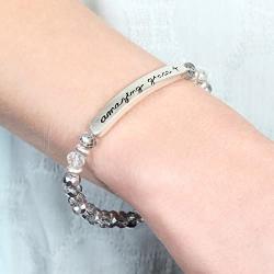 Inspiration Engraved Bar Sparkly Crystal Bead Bracelet - Religious Christian Message Stretch Strand Cuff Bangle Lord, Amazing Grace, Philippians Bible (Amazing Grace - Silver)
