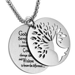 HZMAN Two Piece Serenity Prayer Stainless Steel Pendant Necklace with Tree of Life Cut Out 22+2'' Chain
