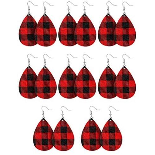 8 Pairs Christmas Plaid Earrings Faux Leather Dangle Earrings Checkered Teardrop Earrings Lightweight Plaid Leather Earrings for Women